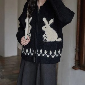 Y2K Fashion Rabbit Knitted Zip Cardigan - Cute Tops for Coquette Aesthetic