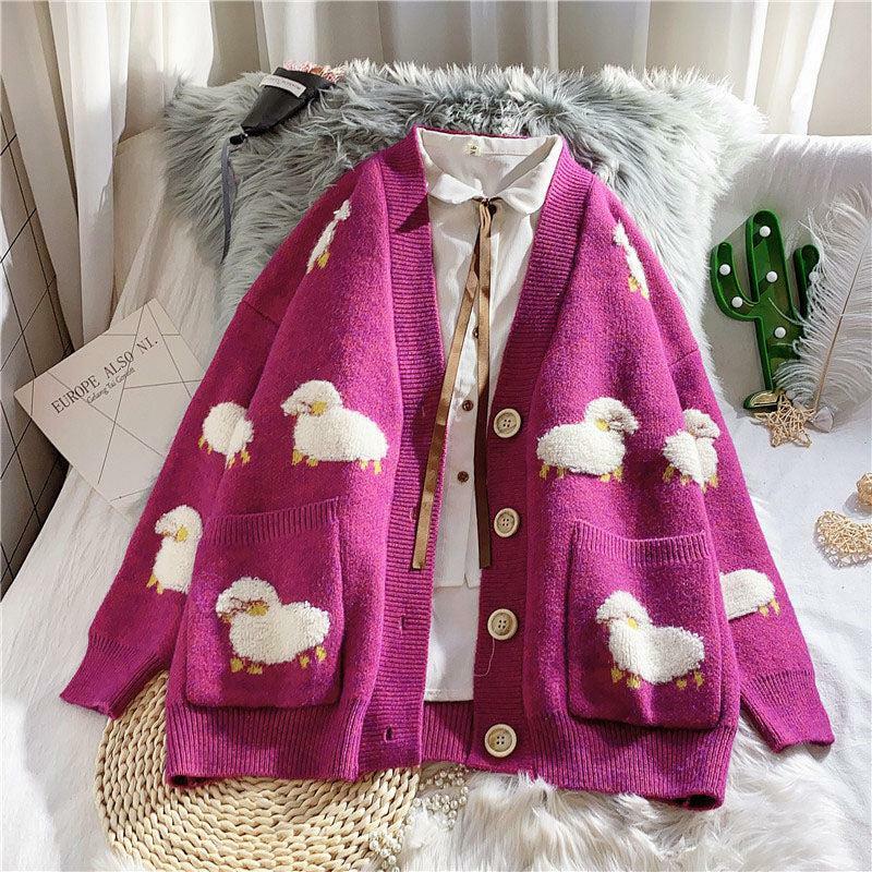 Y2K Fashion Sheep Embroidery Knitted Cardigan - Cute Pastel Goth Style