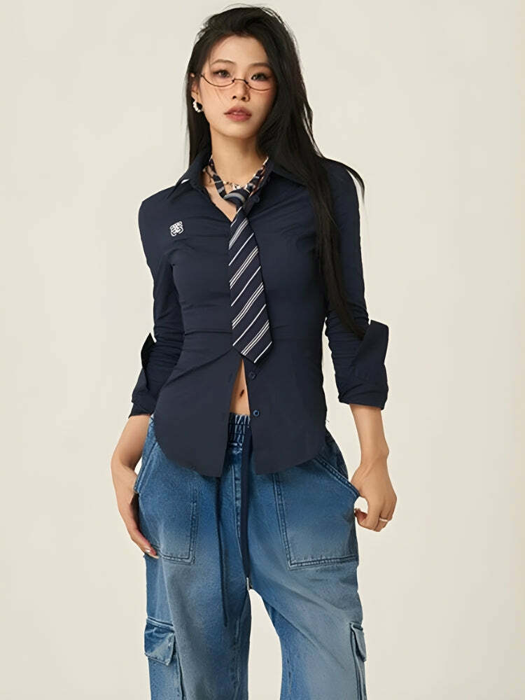 Y2K Fashion Slim Fit Tie Shirt - Cute Tops for Coquette & Grunge Aesthetic