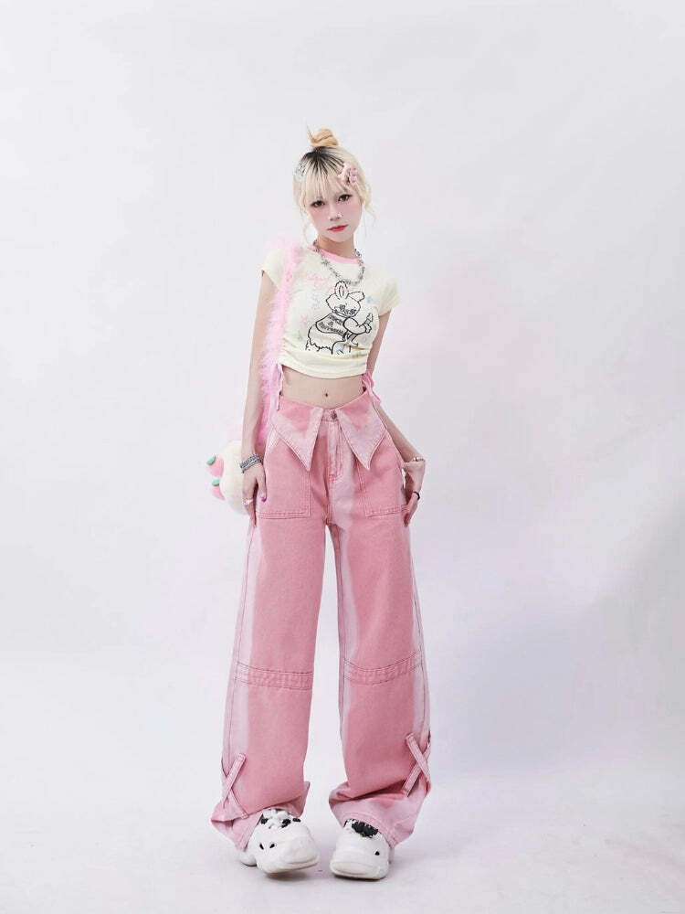 Y2K Fashion Soft Girl Folded Waist Jeans - Cute Tops & Aesthetic Style