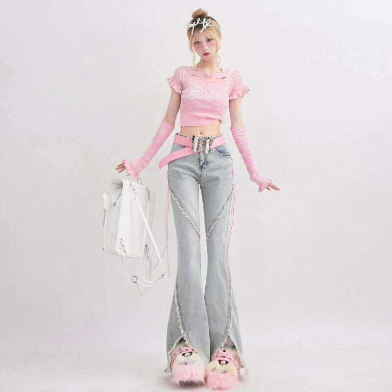 Y2K Fashion Soft Girl Lace-Up Slit Flare Jeans for Aesthetic Outfits