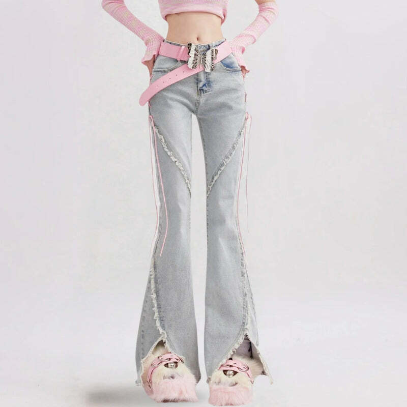 Y2K Fashion Soft Girl Lace-Up Slit Flare Jeans for Aesthetic Outfits