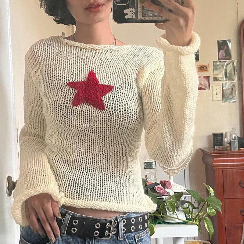 Y2K Fashion Star Embroidery Knitted Top - Cute Pastel Goth Aesthetic