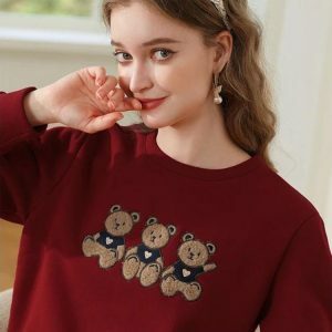 Y2K Fashion Teddy Bears Embroidered Sweatshirt - Cute Pastel Aesthetic