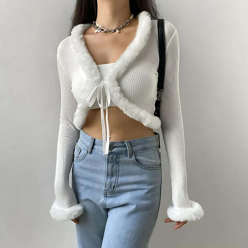 Y2K Faux Fur Corduroy Crop Cardigan - Cute Pastel Goth & Grunge Aesthetic