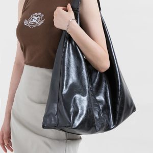 Y2K Faux Patent Leather Hobo Bag - Trendy Coquette & Grunge Aesthetic