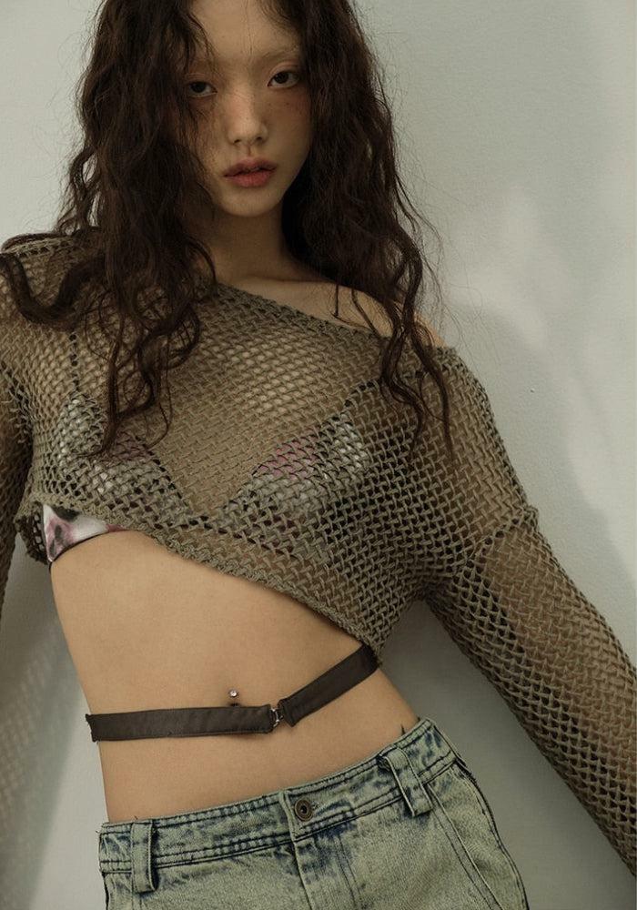 Y2K Fishnet Crop Shrug Sweater - Grunge Aesthetic Cute Top for Outfits