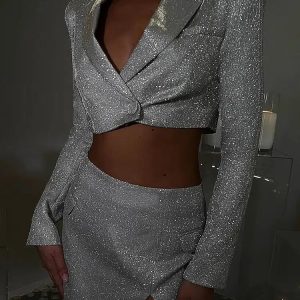 Y2K Glitter Crop Jacket & Mini Skirt Set - Coquette & Grunge Aesthetic