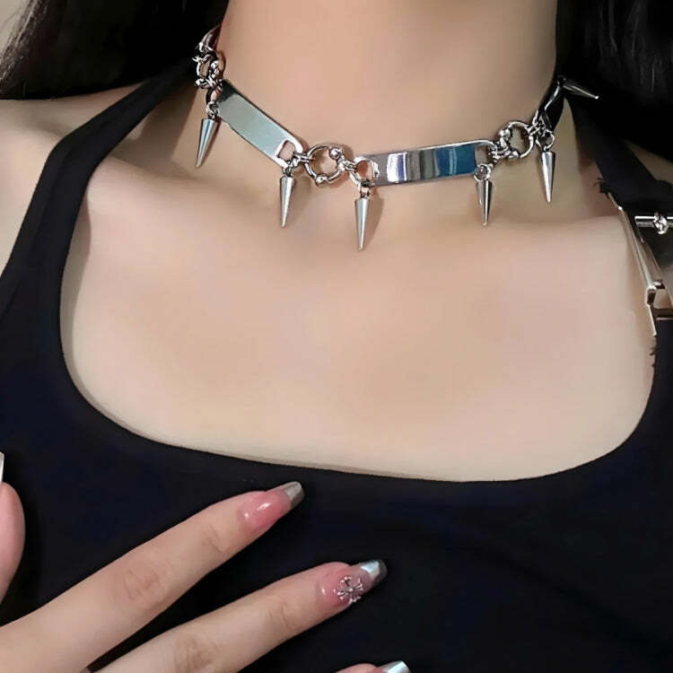 Y2K Goth Spiked Metal Choker - Grunge Aesthetic Accessory for Outfits