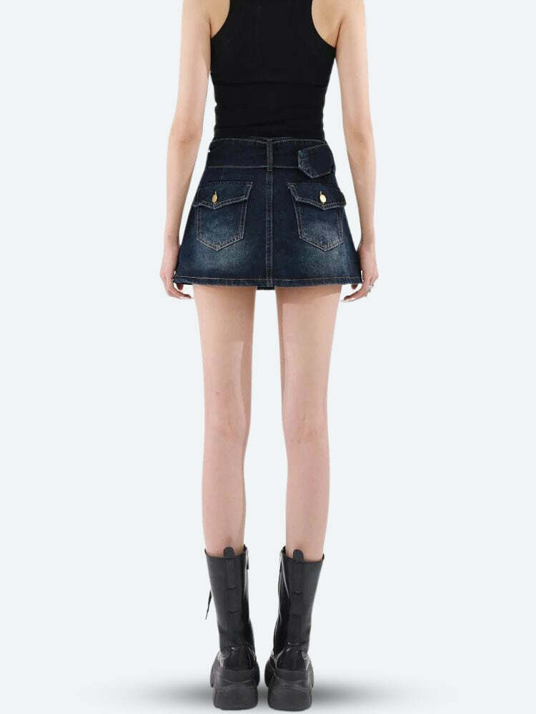 Y2K Grunge Aesthetic Belted Denim Mini Skirt for Trendy Outfits