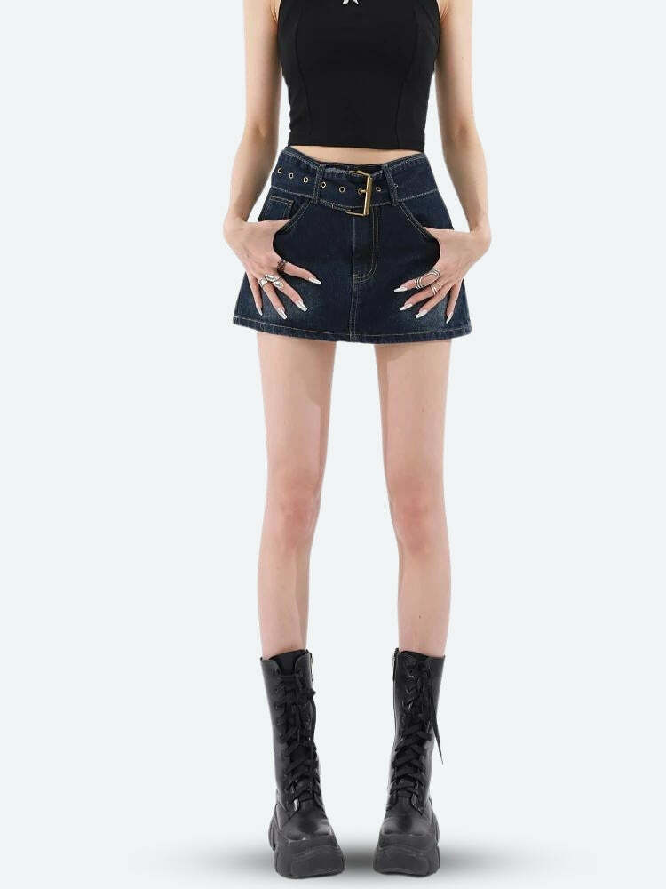 Y2K Grunge Aesthetic Belted Denim Mini Skirt for Trendy Outfits