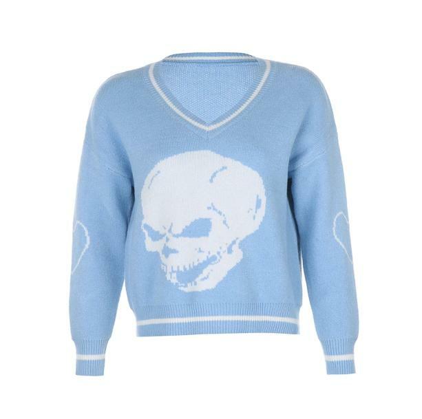 Y2K Grunge Aesthetic E-Girl Skull Sweater - Cute Tops for Trendy Looks