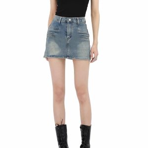 Y2K Grunge Aesthetic Fake Pocket Denim Mini Skirt for Trendy Outfits