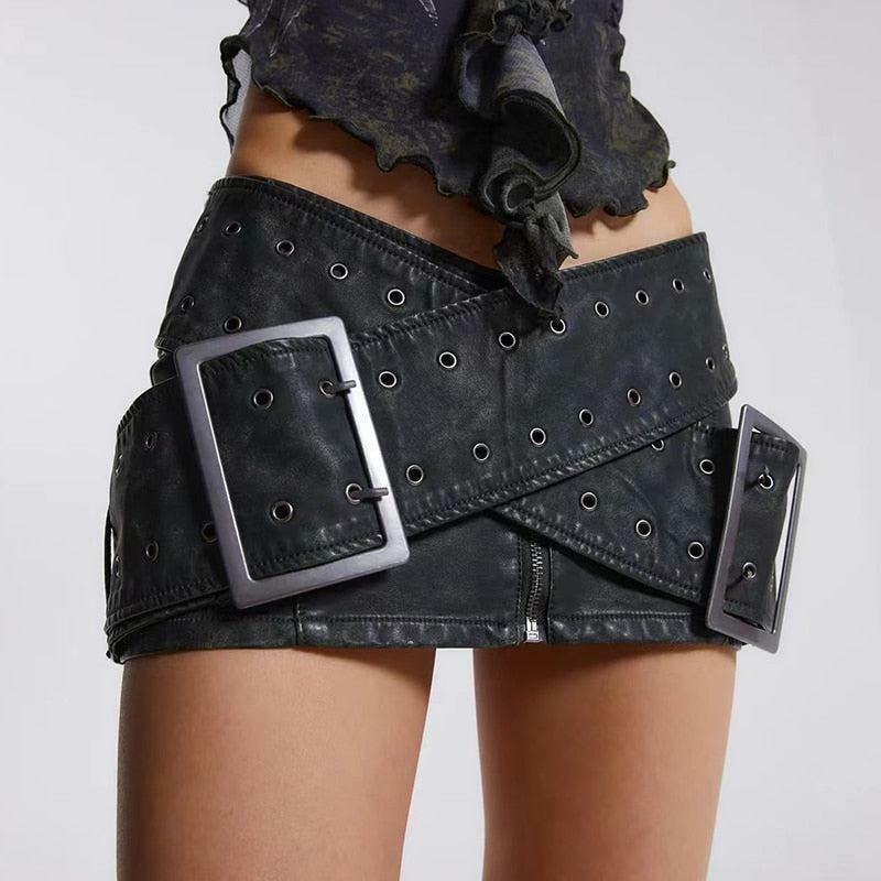 Y2K Grunge Aesthetic Faux Leather Mini Skirt with Cross Belt Detail