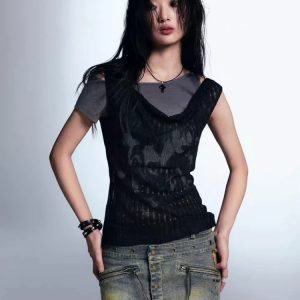 Y2K Grunge Aesthetic Gothic Top - Cute Pastel Goth & Coquette Style