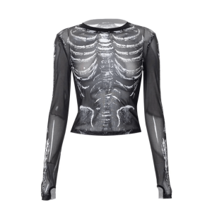 Y2K Grunge Aesthetic Long Sleeve Skeleton Top - Cute Pastel Goth Style