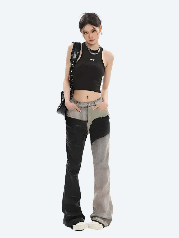 Y2K Grunge Aesthetic Patchwork Flare Pants for Trendy Outfits