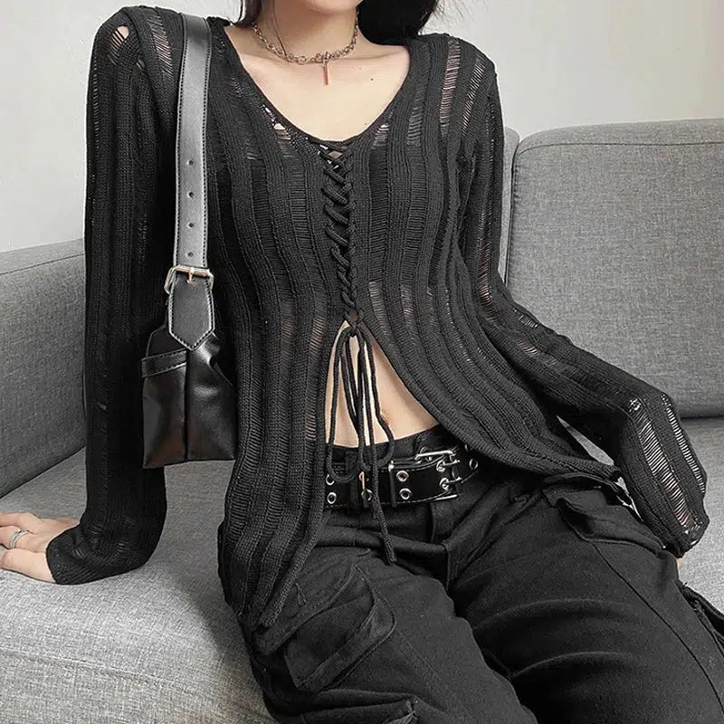 Y2K Grunge Aesthetic Sheer Lace-Up Knitted Top for Trendy Outfits