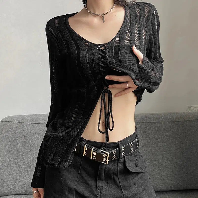 Y2K Grunge Aesthetic Sheer Lace-Up Knitted Top for Trendy Outfits