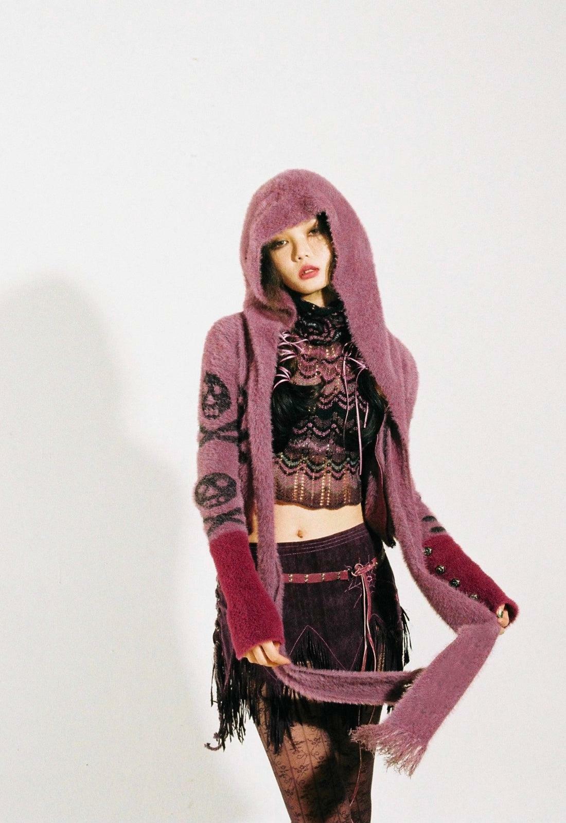 Y2K Grunge Aesthetic Skull Hooded Cardigan - Cute Pastel Goth Style