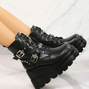 Y2K Grunge Belted Platform Boots for Coquette Aesthetic Outfits