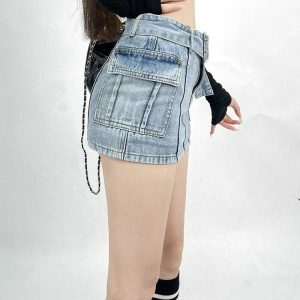 Y2K Grunge Cargo Jean Mini Skort - Cute Tops for Aesthetic Outfits