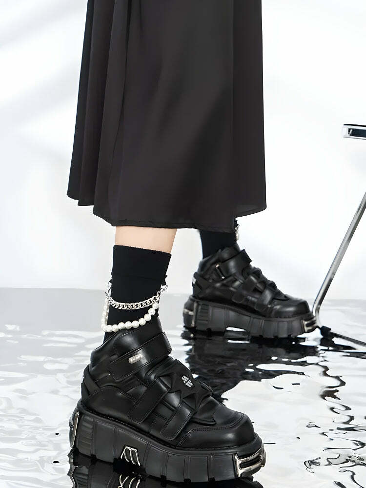 Y2K Grunge Chunky Platform Boots with Metal Details for Aesthetic Looks