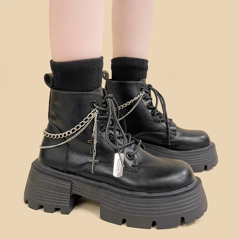 Y2K Grunge Combat Boots with Cross Chain - Edgy Aesthetic Footwear