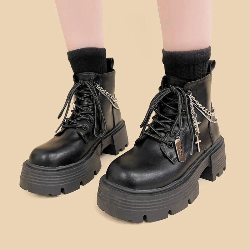 Y2K Grunge Combat Boots with Cross Chain - Edgy Aesthetic Footwear