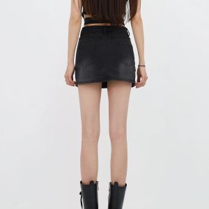 Y2K Grunge Denim Cross Belt Mini Skort - Cute Aesthetic Outfit