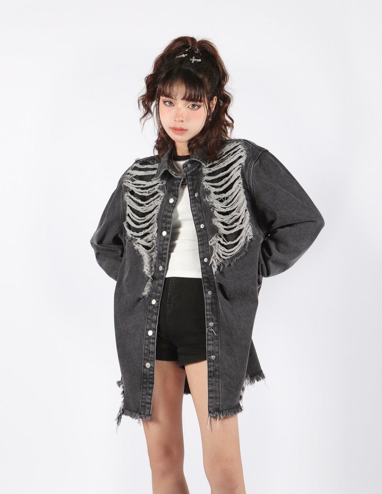 Y2K Grunge Distressed Long Denim Jacket for Trendy Aesthetic Outfits