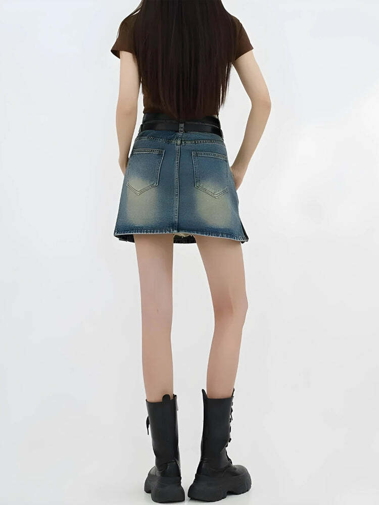 Y2K Grunge Double Belt Loop Denim Mini Skirt - Cute Aesthetic Outfit