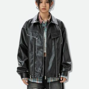 Y2K Grunge Faux Leather Jacket - Edgy Aesthetic for Trendy Outfits