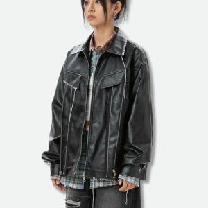 Y2K Grunge Faux Leather Jacket - Edgy Aesthetic for Trendy Outfits