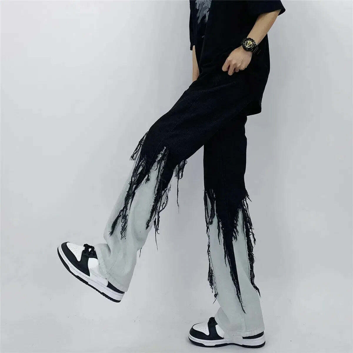 Y2K Grunge Fringed Straight Leg Jeans for Trendy Aesthetic Outfits