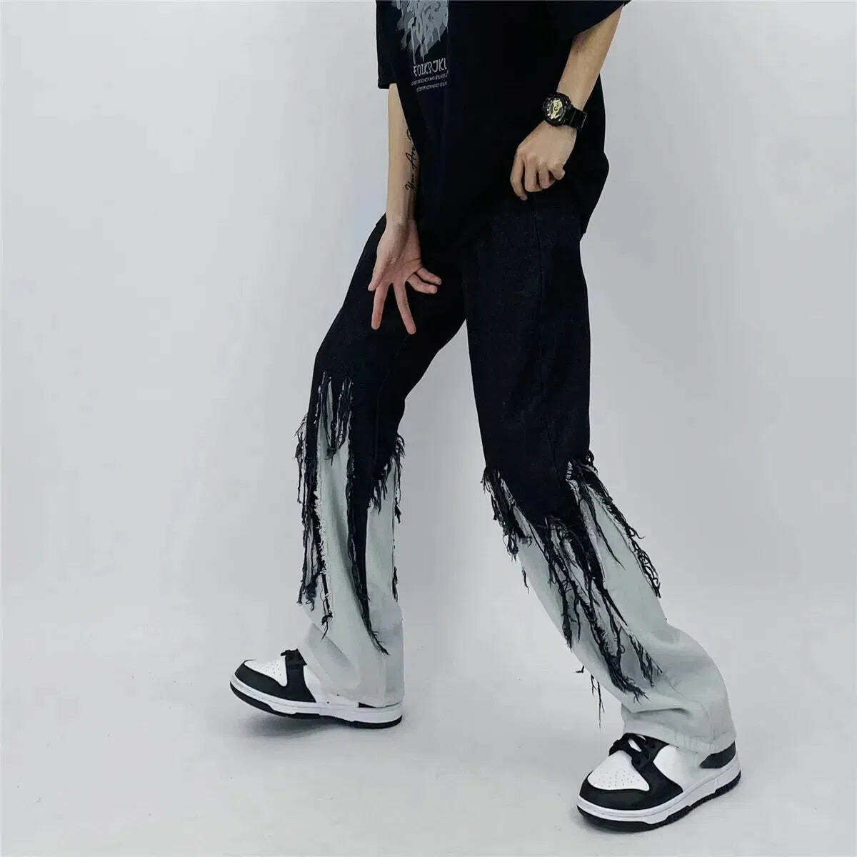 Y2K Grunge Fringed Straight Leg Jeans for Trendy Aesthetic Outfits