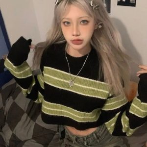 Y2K Grunge Green Striped Crop Sweater - Cute Tops for Aesthetic Outfits