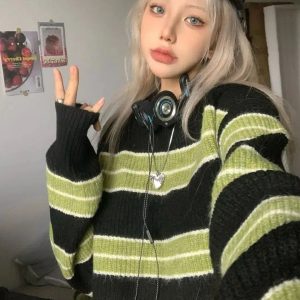 Y2K Grunge Green Striped Crop Sweater - Cute Tops for Aesthetic Outfits