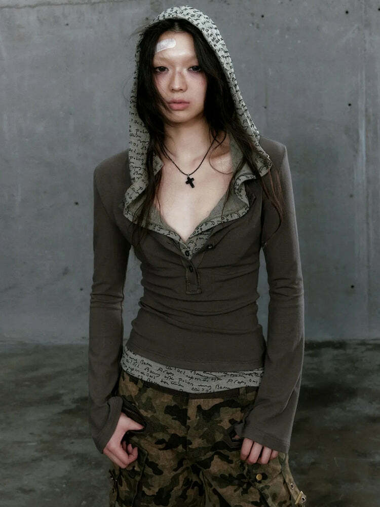 Y2K Grunge Hooded Top: Cute Pastel Goth & Coquette Aesthetic Style