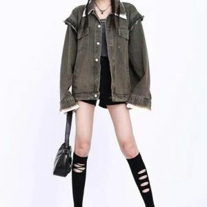 Y2K Grunge Oversized Denim Jacket - Vintage Button Up for Aesthetic Outfits