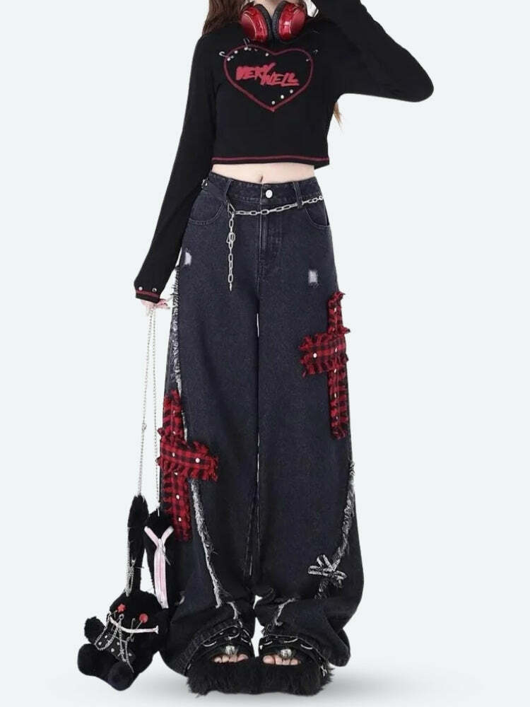 Y2K Grunge Plaid Cross Patch Jeans for Trendy Aesthetic Outfits