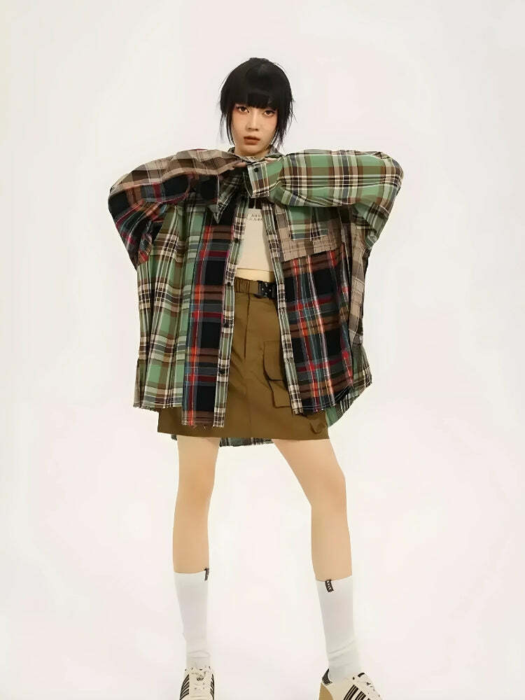 Y2K Grunge Plaid Shirt - Cute Tops for Coquette & Pastel Goth Aesthetic