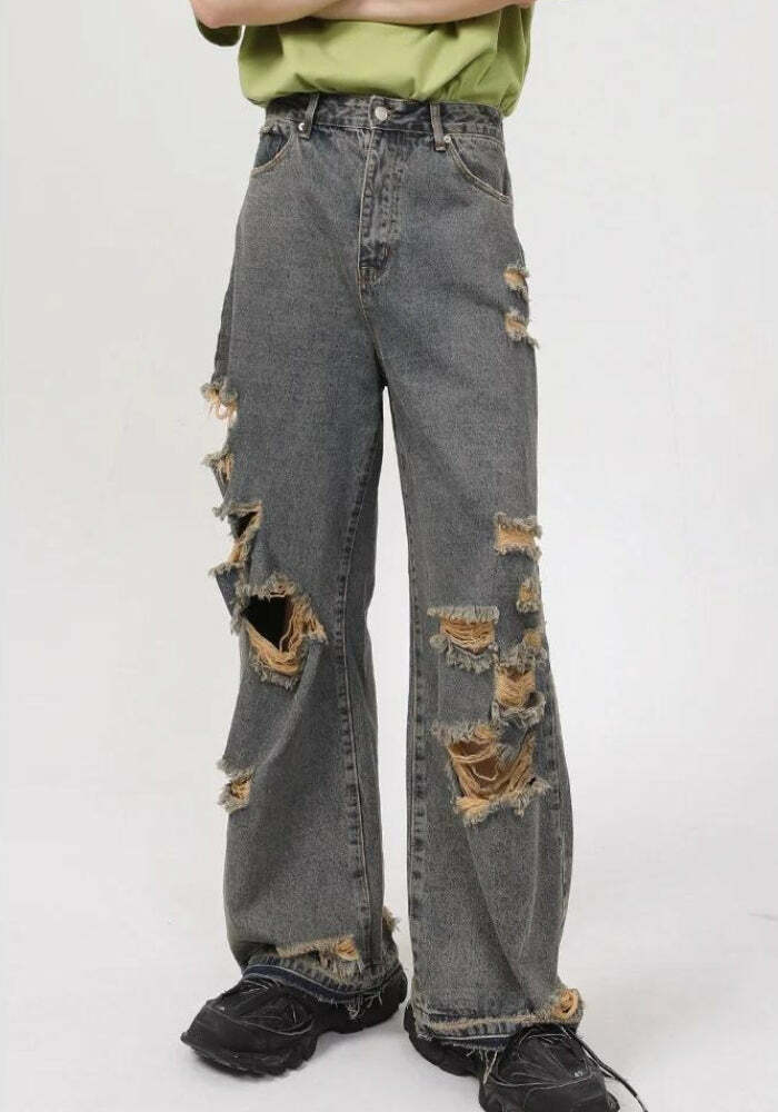 Y2K Grunge Ripped Straight Leg Jeans for Trendy Aesthetic Outfits