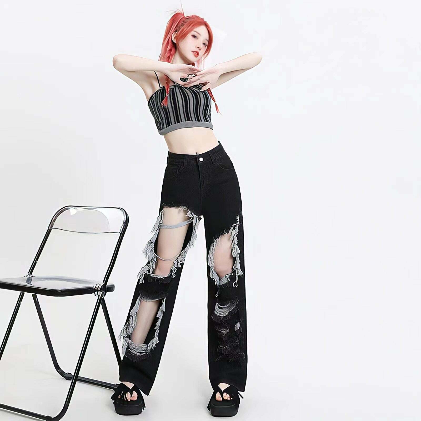 Y2K Grunge Ripped Wide Leg Jeans for Trendy Aesthetic Outfits