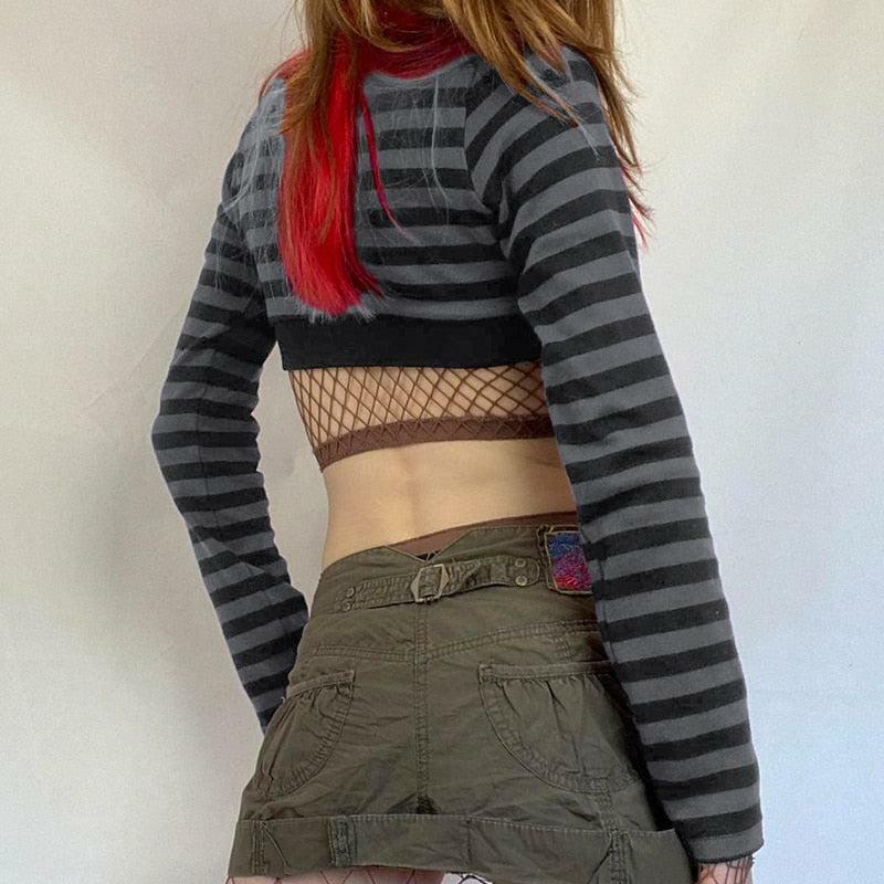 Y2K Grunge Striped Button-Up Crop Top for Aesthetic Outfits