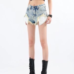 Y2K Grunge Tasseled Denim Shorts - Cute Tops for Coquette Aesthetic