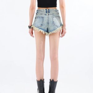 Y2K Grunge Tasseled Denim Shorts - Cute Tops for Coquette Aesthetic