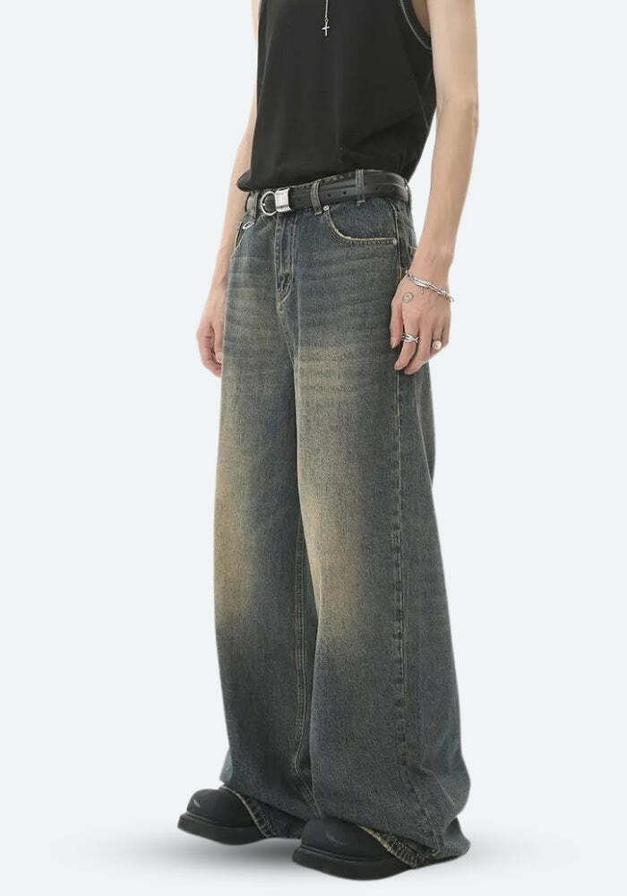 Y2K Grunge Wide Leg Denim Jeans for Trendy Aesthetic Outfits