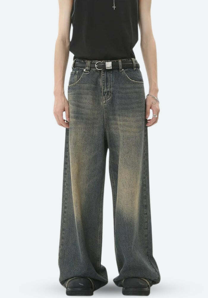 Y2K Grunge Wide Leg Denim Jeans for Trendy Aesthetic Outfits