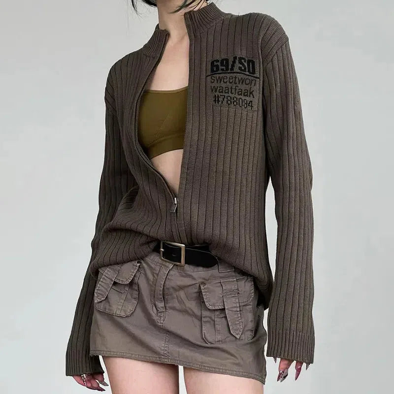 Y2K Grunge Zip-Up Cardigan Jacket for Aesthetic Outfits & Cute Tops